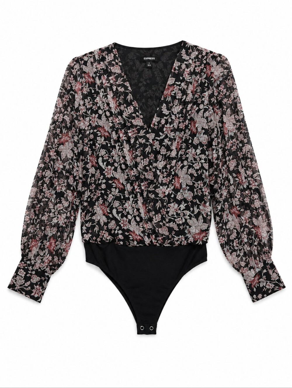 Express Black Floral Wrap Bodysuit with Pink & Cream Flowers